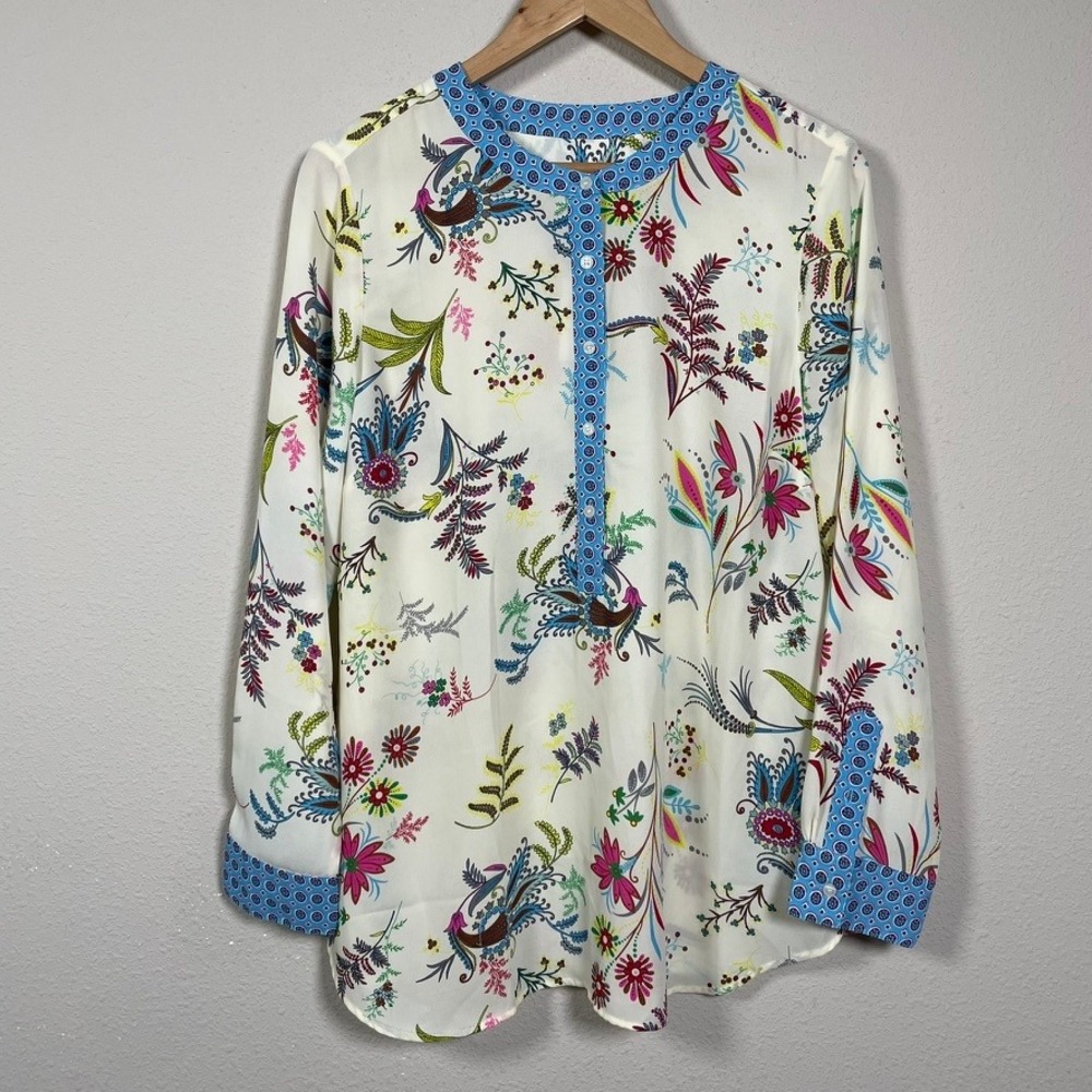 Talbots Tunic Blouse Womens L White Floral Paisley Peacock Long Sleeve NEW